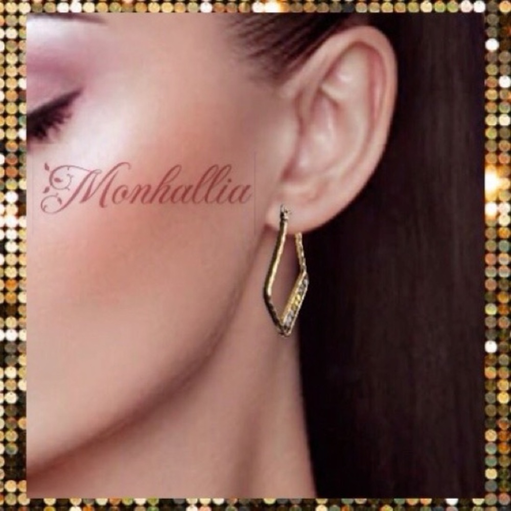 NEW TRI COLORS HAMMERED BEAD STONE BOHO HIPPIE BRONZE GEOMETRIC HOOP EARRINGS - Picture 2 of 3